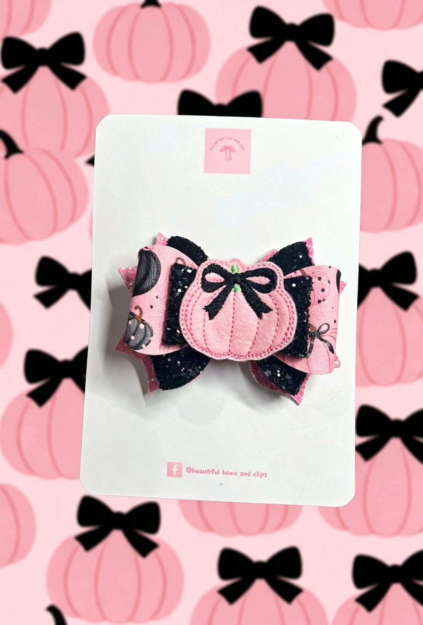 Pink black bow pumpkin hair bow