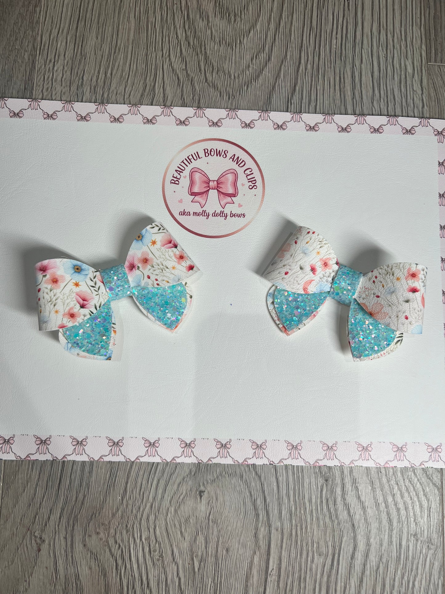 Blue and peach floral hair bow set