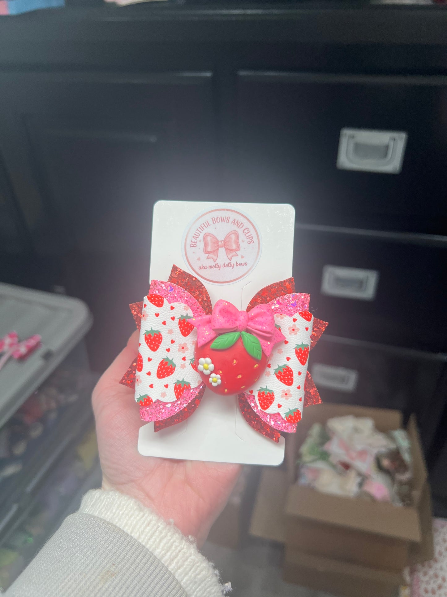 Strawberry bright pink daisy clay hair bow
