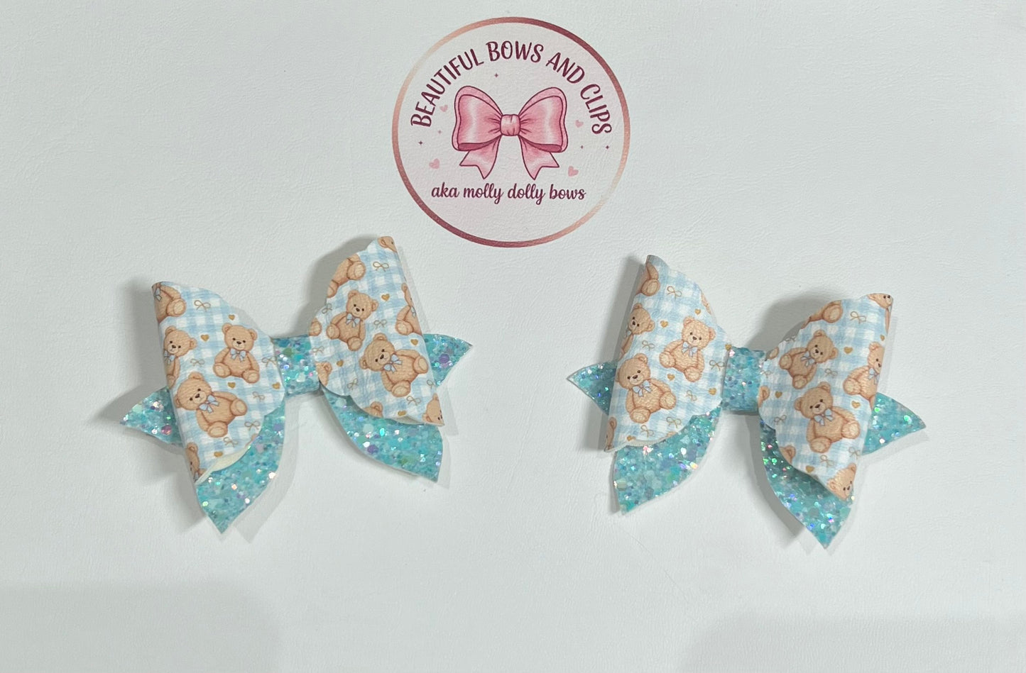 Checked teddy bear blue hair bow set