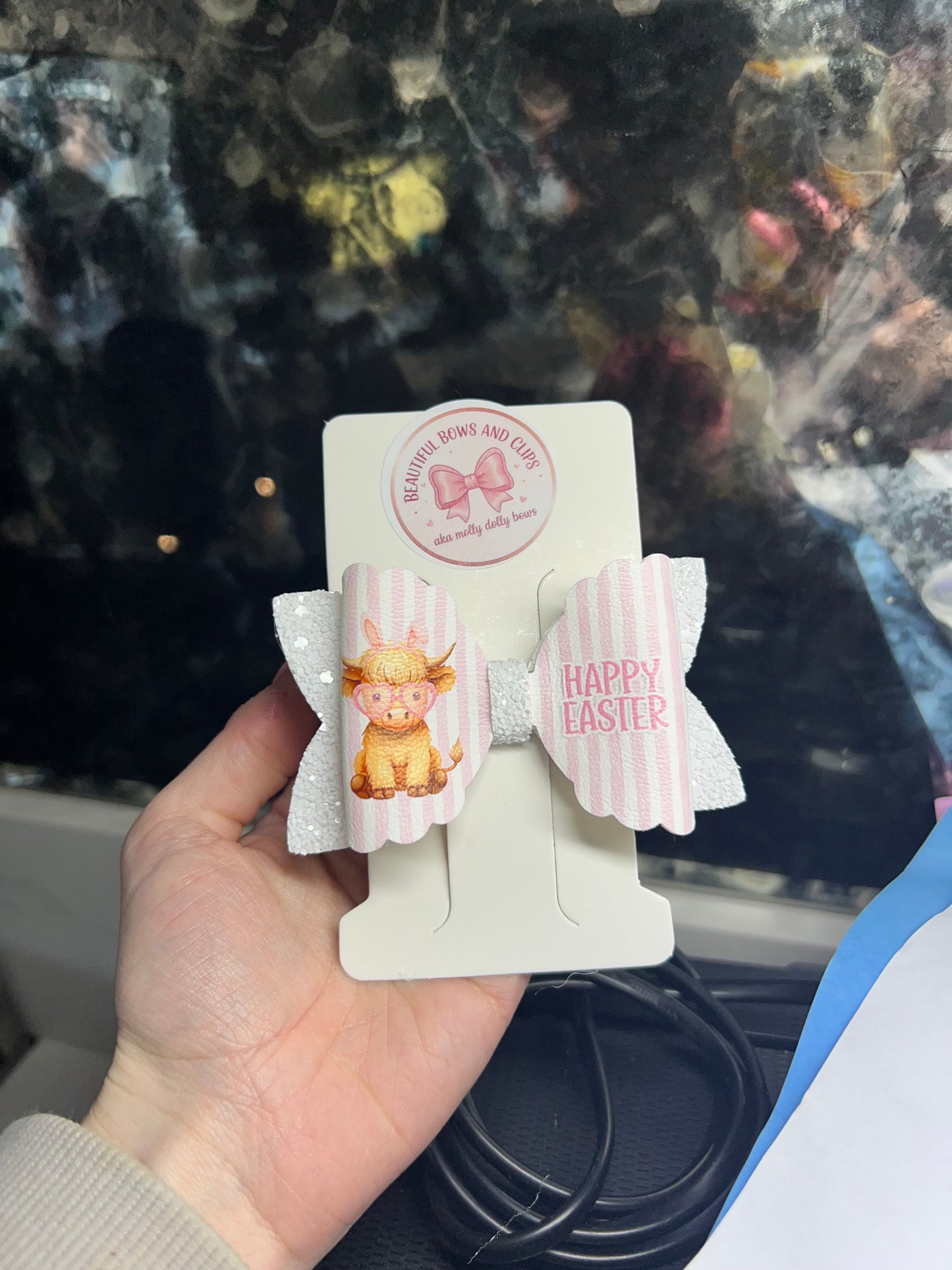 Highland cow happy Easter hair bow