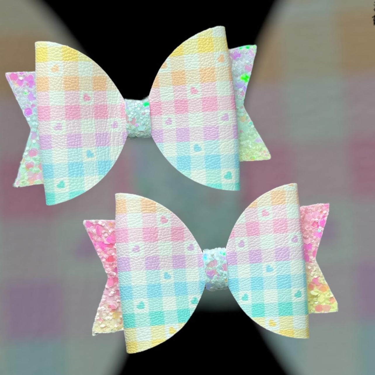 Checked rainbow hearts bow