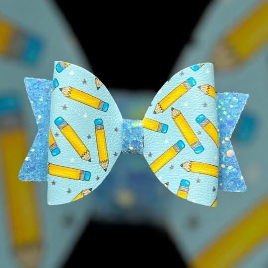 Blue and pink pencil hair bow