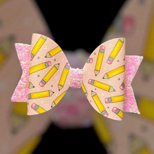 Blue and pink pencil hair bow