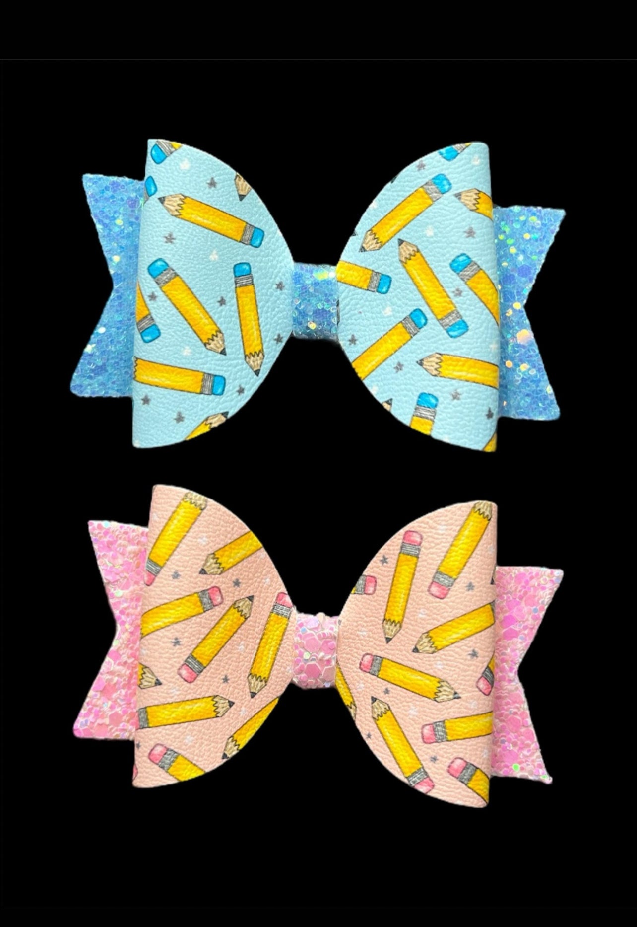 Blue and pink pencil hair bow