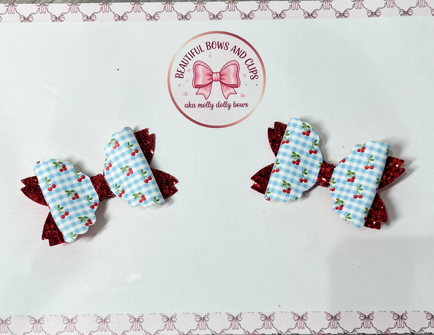 Cherry gingham hair bow set