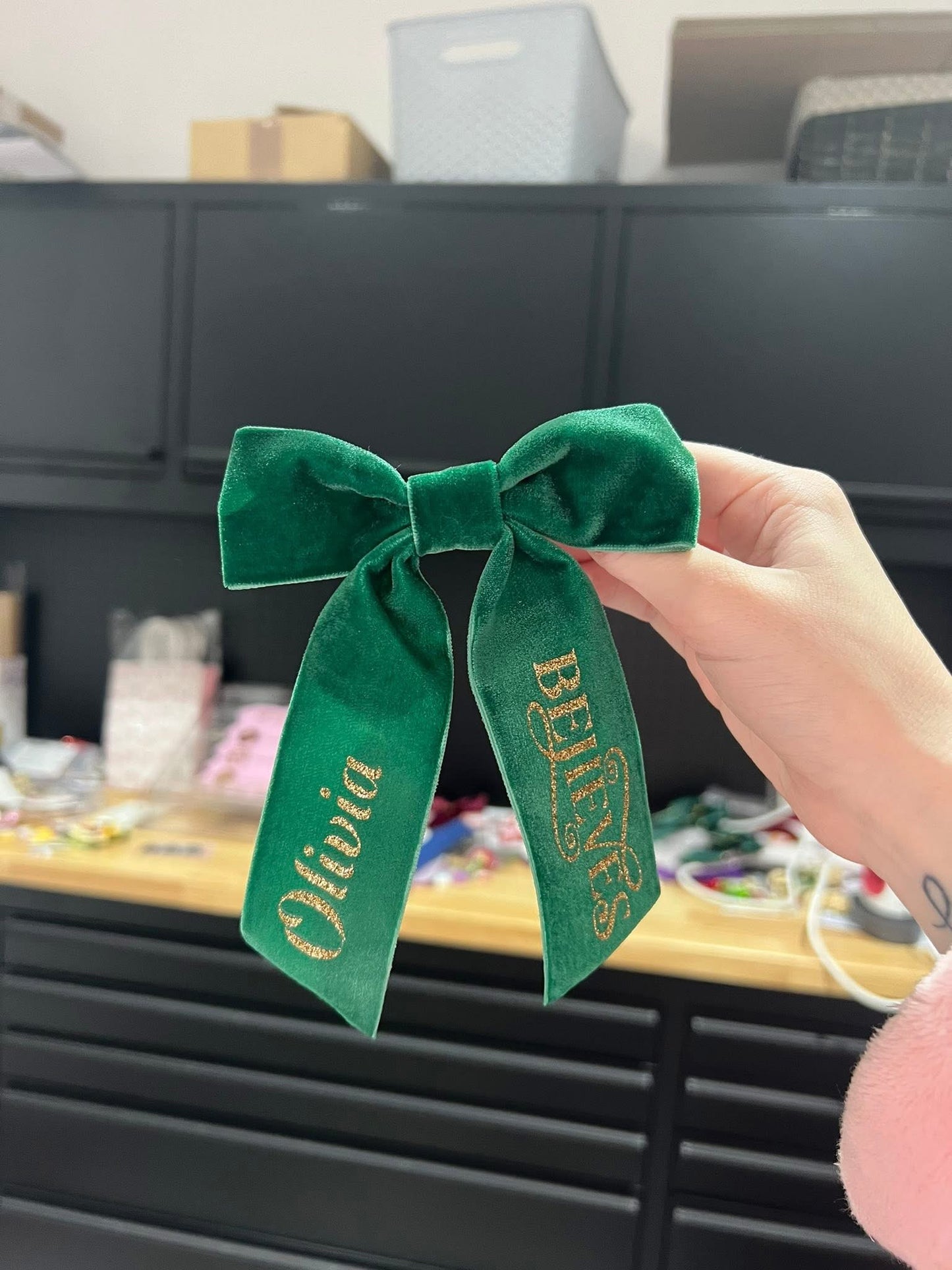 Green velvet hair bow (please read description)