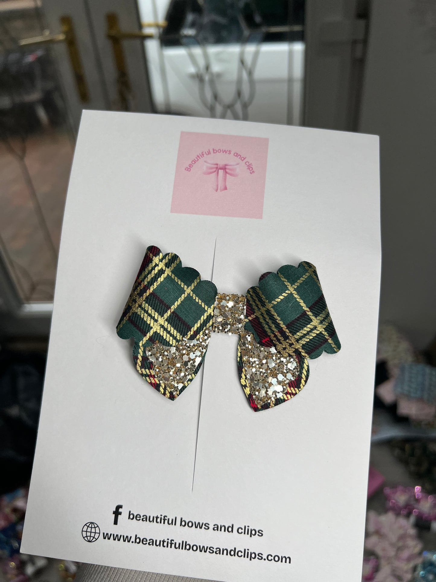 Green and gold tartan hair bow