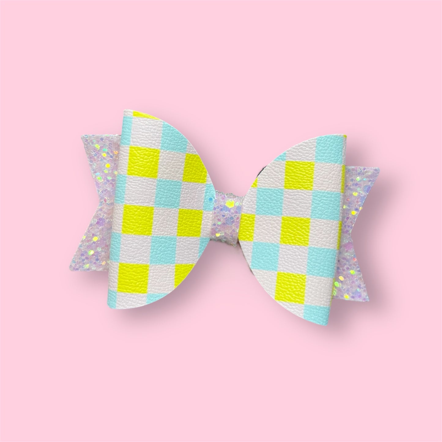 Pink yellow and blue checked hair bow
