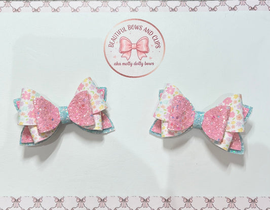Pink and blue floral hair bow set