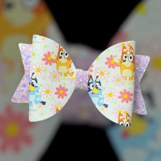Blue dog floral hair bow