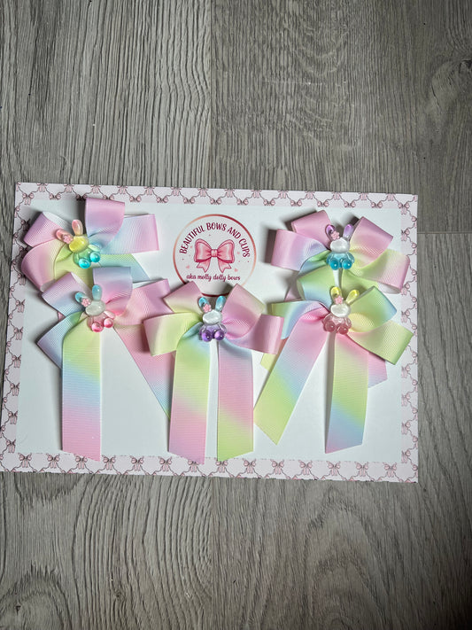 Rainbow bunny ribbon hair bow
