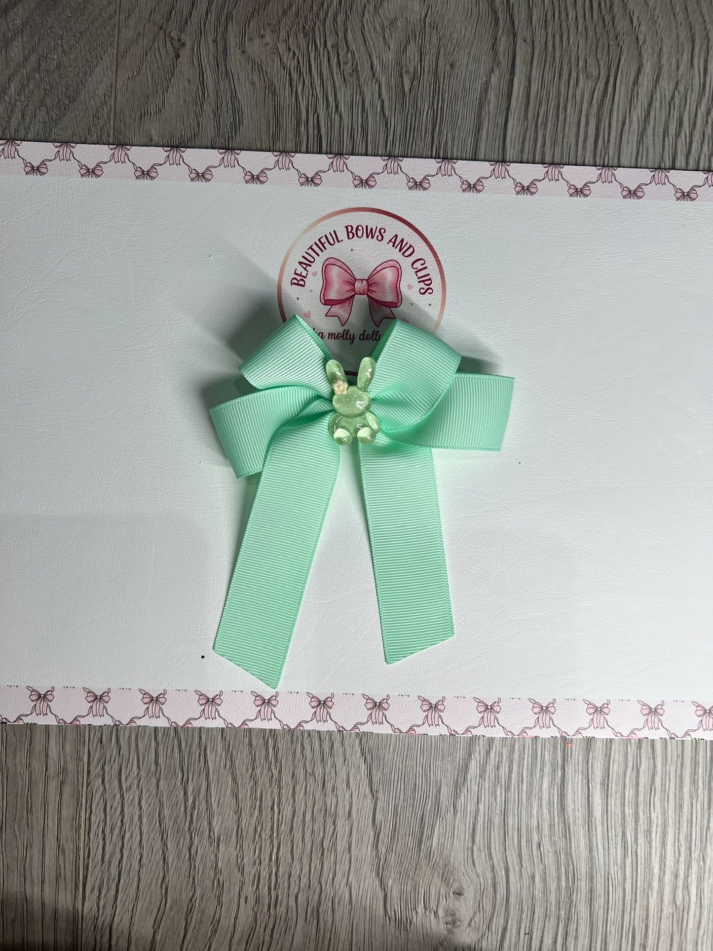 Mint green ribbon bunny hair bow