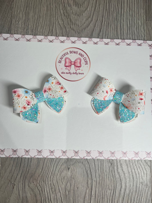 Blue and peach floral hair bow set