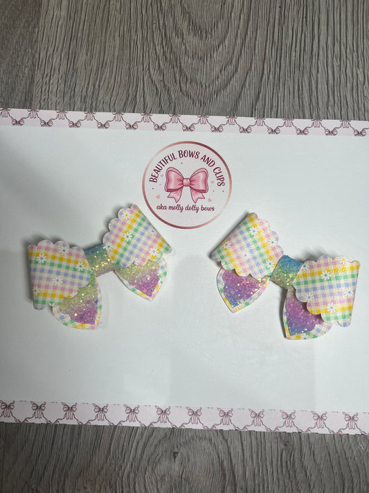 Rainbow checked daisy hair bow set