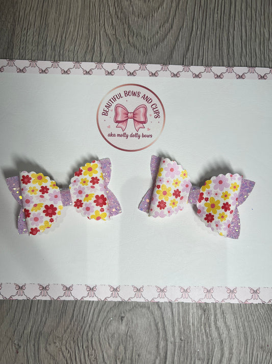 Pink yellow and red floral hair bow set