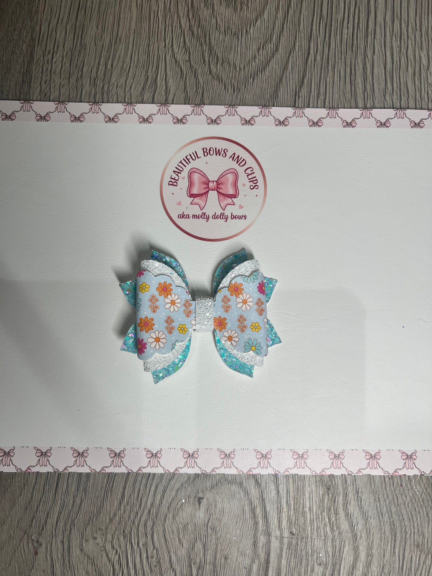 Blue floral hair bow single bow