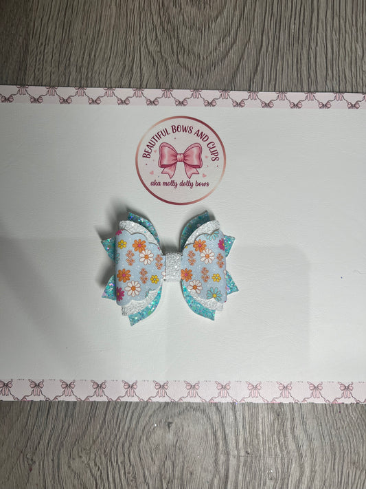 Blue floral hair bow single bow