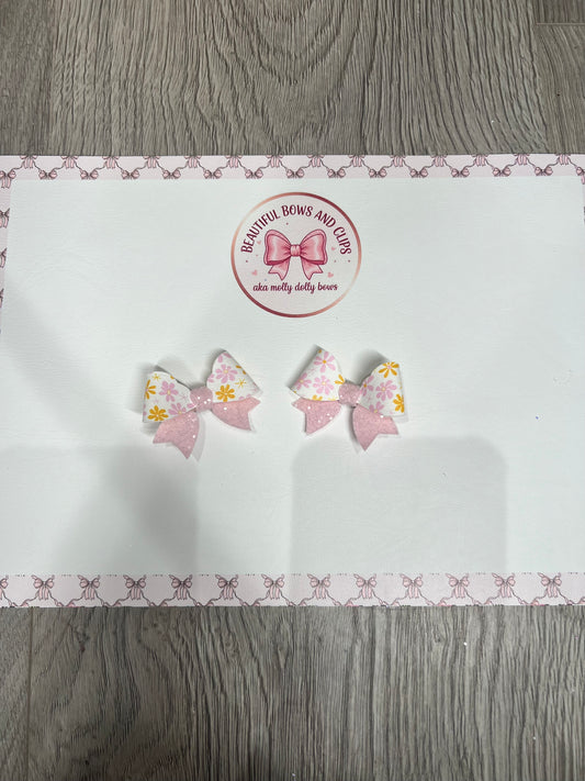 Mini pink and orange floral hair bow set