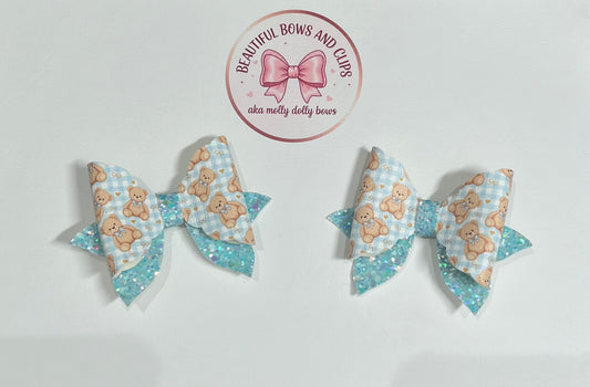 Checked teddy bear blue hair bow set
