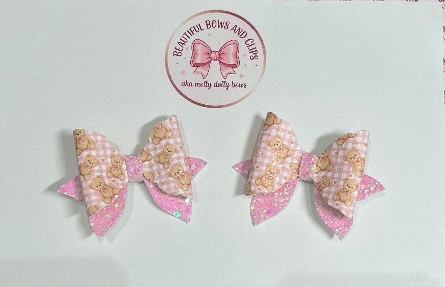 Checked pink teddy bear hair bow set