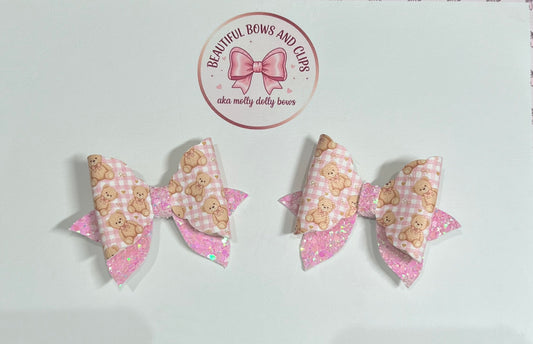 Checked pink teddy bear hair bow set