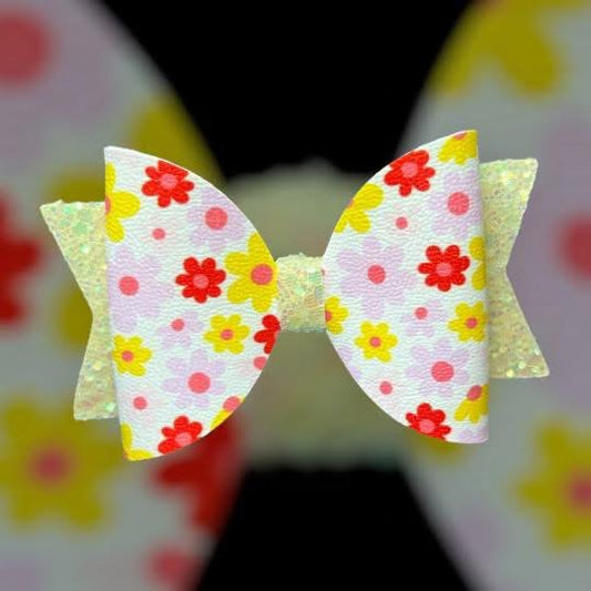 Red yellow and pink floral hair bow