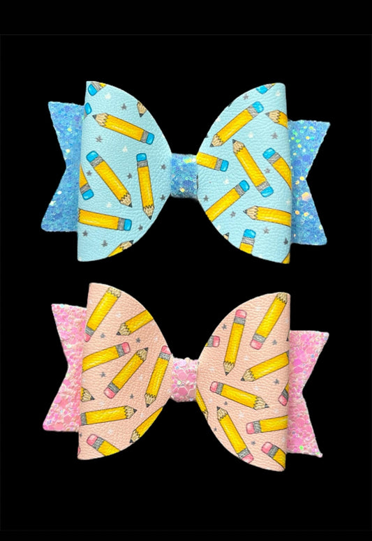 Blue and pink pencil hair bow