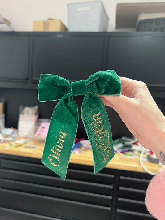 Green velvet hair bow (please read description)