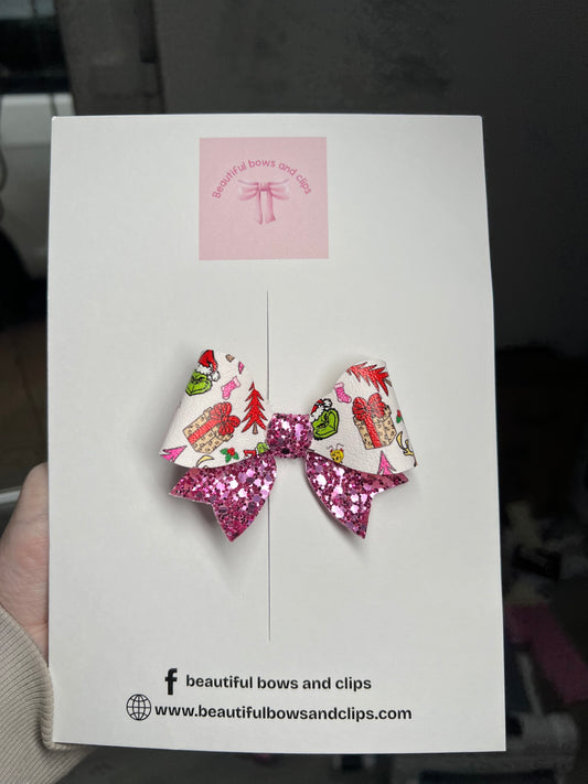 Pink grinch hair bow