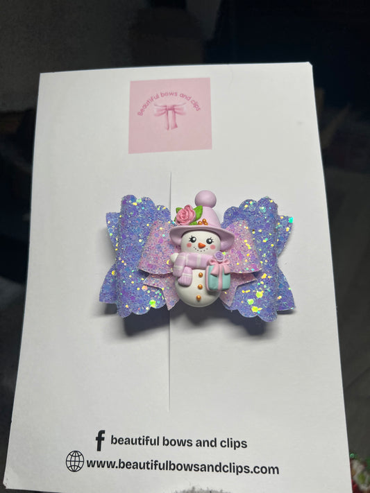 Purple snowman hair bow