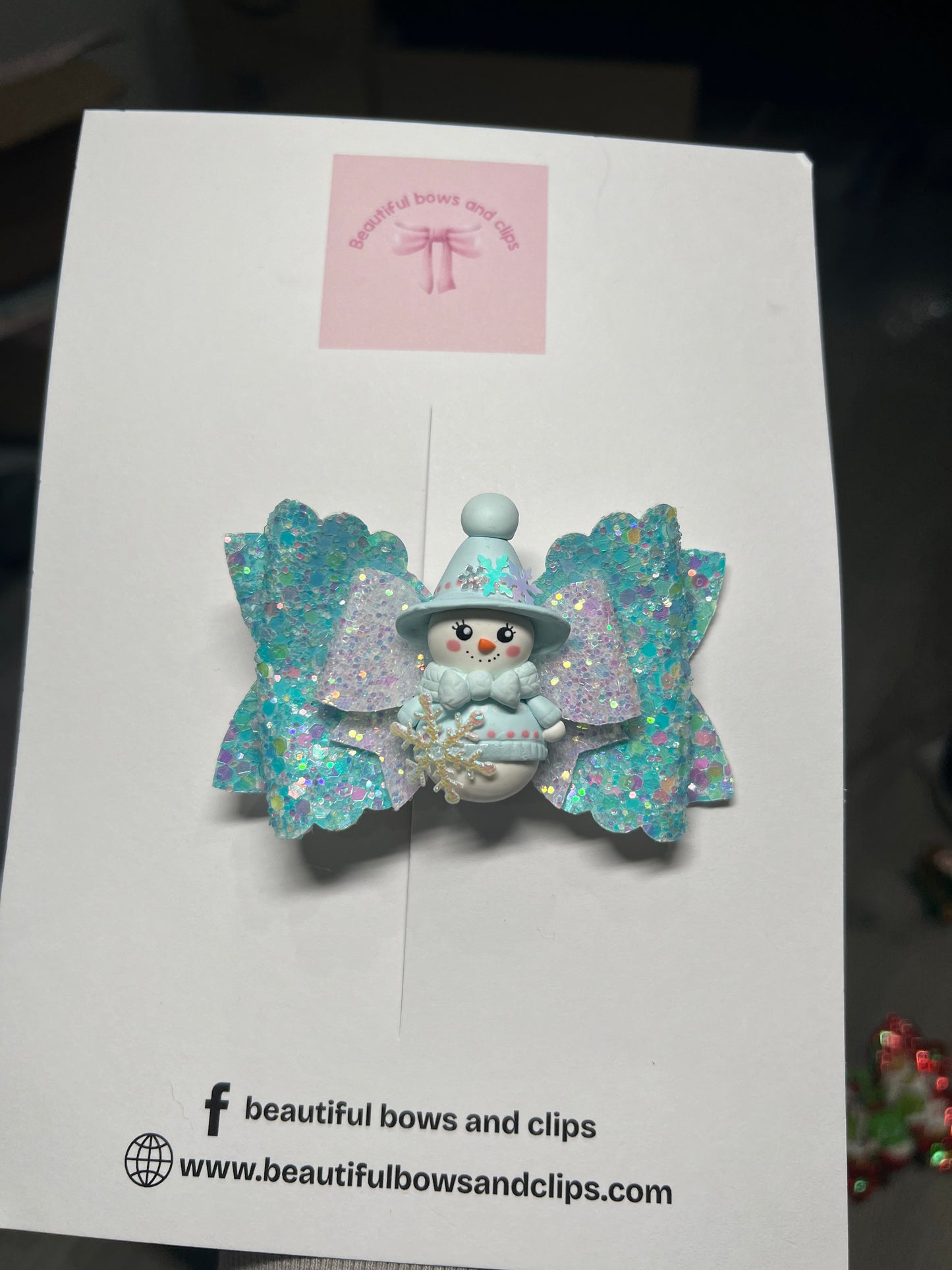 Blue snowman hair bow