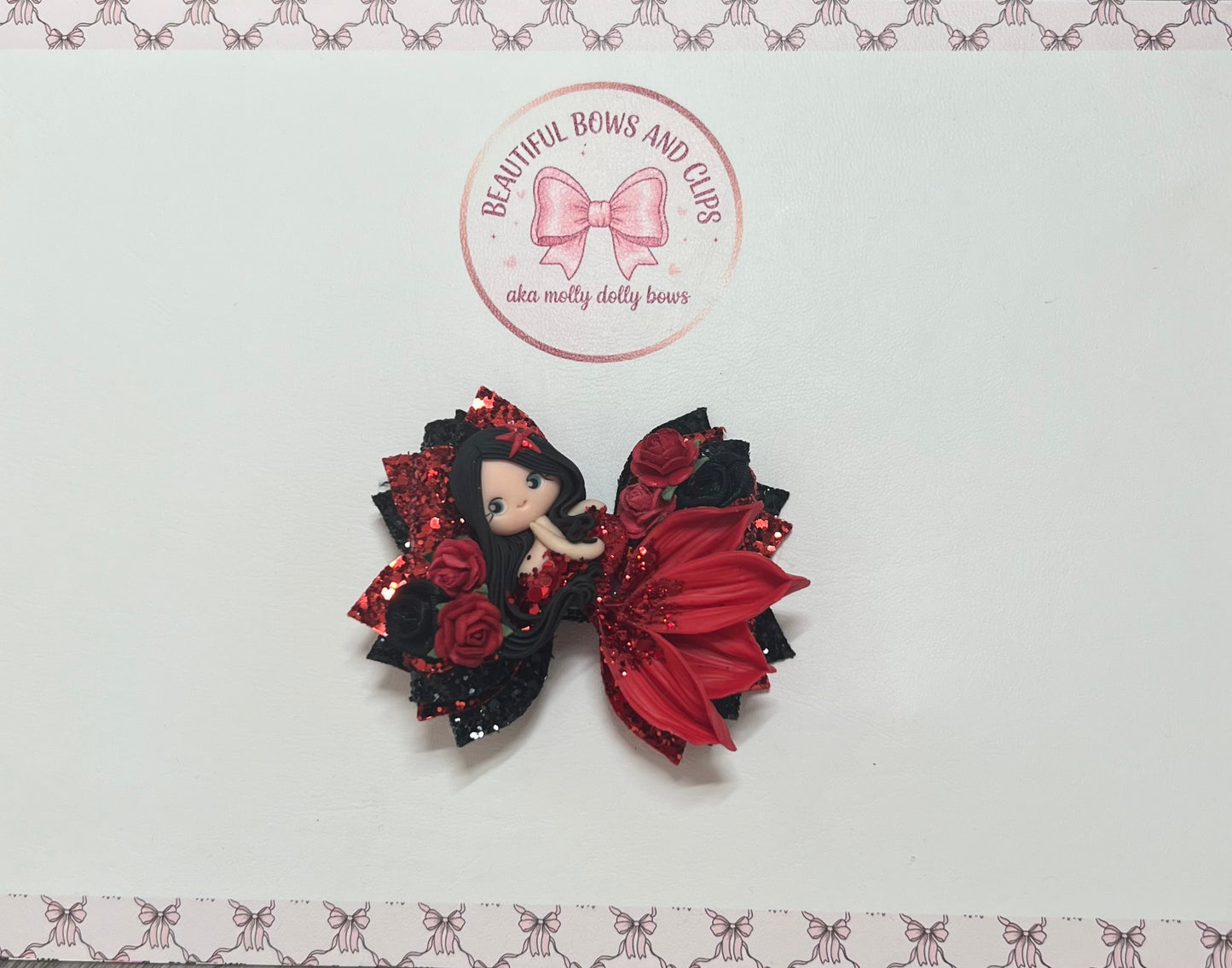 Red and black mermaid hair bow