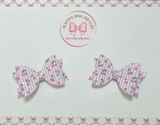 Cherry stripe glitter hair bow set