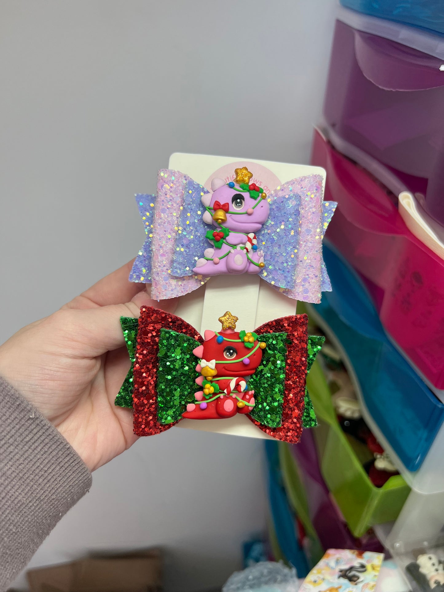 Christmas dino hair bow