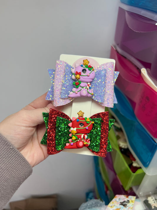 Christmas dino hair bow