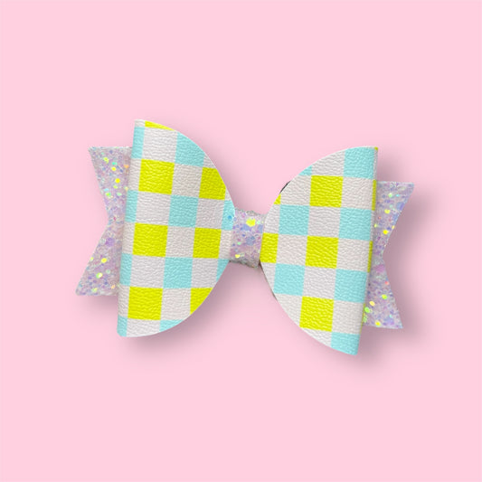 Pink yellow and blue checked hair bow