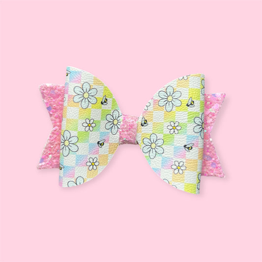Checked daisy and bees hair bow