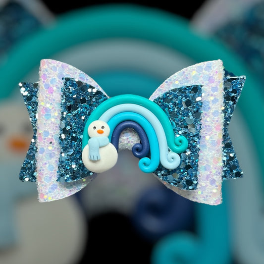 Blue snowman hair bow