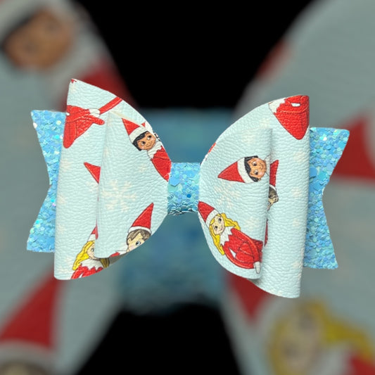 Blue elf on shelf hair bow