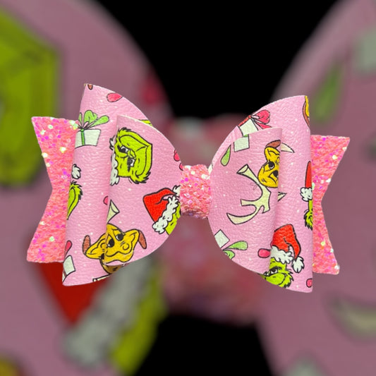 Pink grinch hair bow