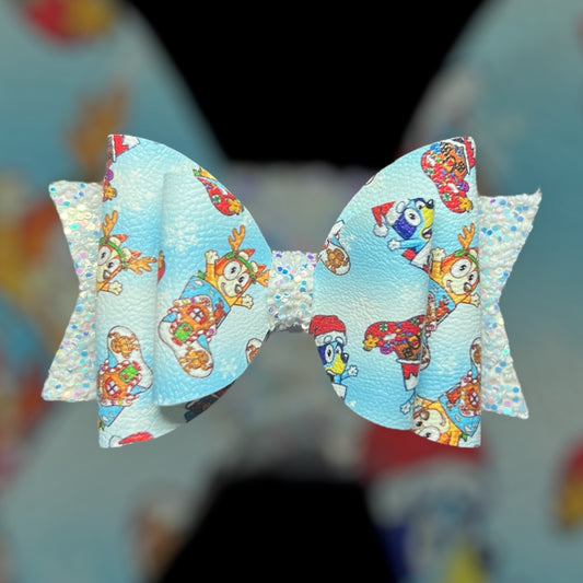 Blue dog Christmas hair bow