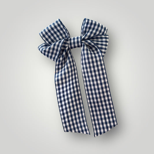 Navy blue gingham hair bow